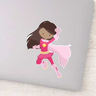 Sticker African American Girl, Superhero Girl, Pink Cape