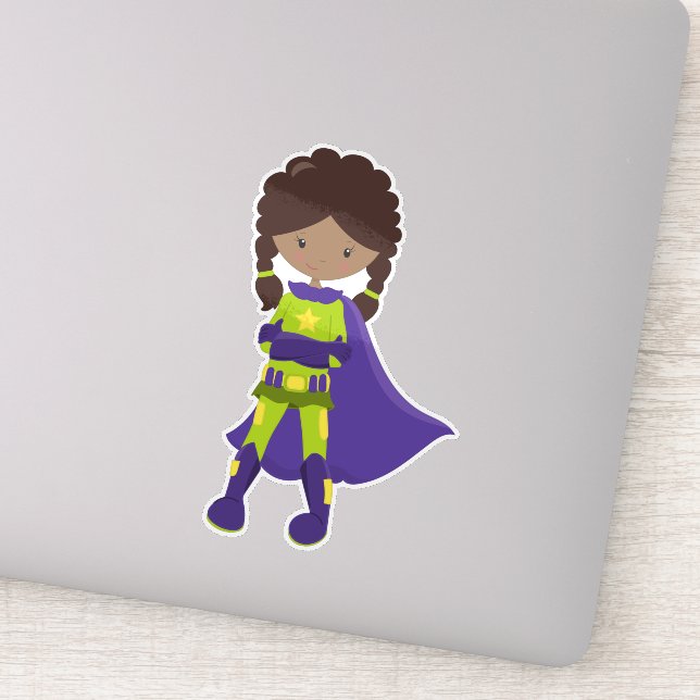 Sticker African American Girl, Superhero Girl, Purple Cape (Détail)