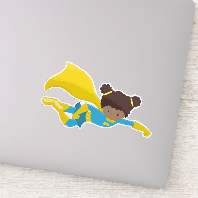 Sticker African American Girl, Superhero Girl, Yellow Cape (Détail)