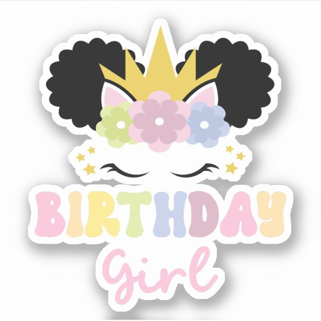 Sticker Afro Puff Curly cheveux Unicorn Anniversaire fille (Devant)