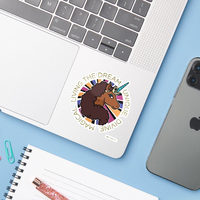 Sticker Afro Unicorn Living the Dream Design (Ordinateur portable avec iPhone)
