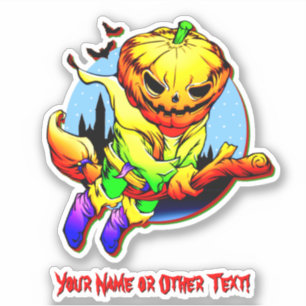 Sticker Ajouter Nom, Citrouille Monster Tête Sorcière Vola