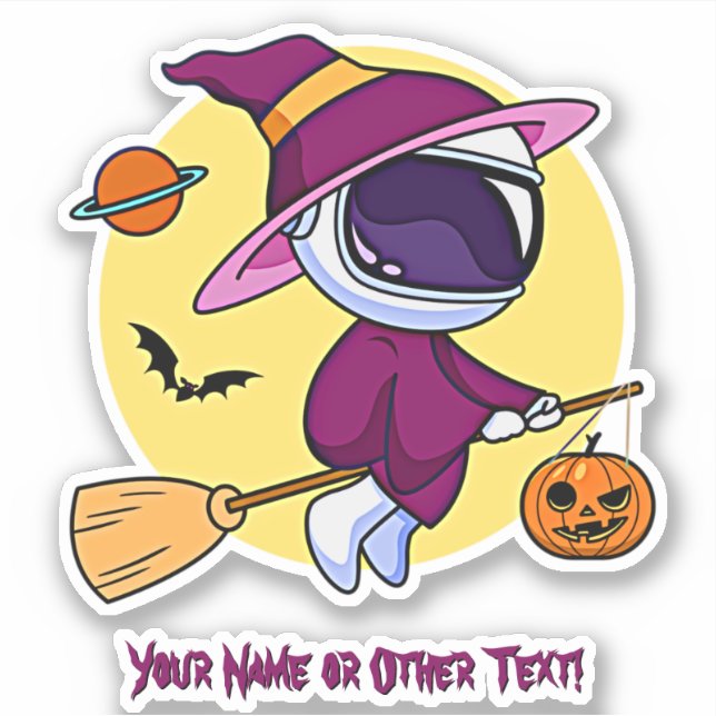 Sticker Ajouter un nom Cute Astronaut Witch Broom Saturn C (Devant)