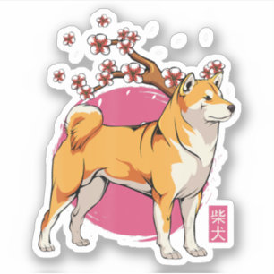Sticker akita shiba inu chien japonais cerisier fleur saku