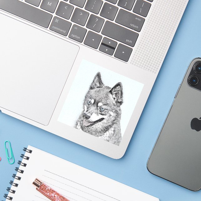 Sticker Alaskan Klee Kai Peinture - Cute Original Chien Ar (Ordinateur portable avec iPhone)