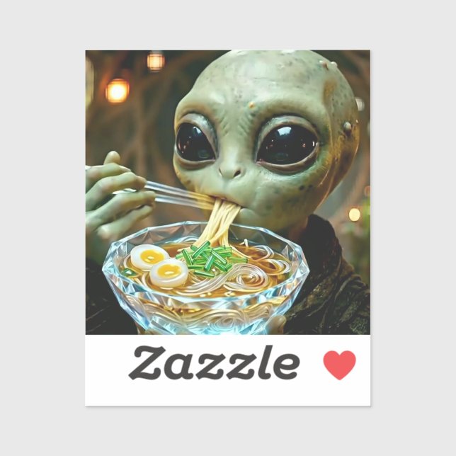 Sticker Alien drôle mangeant des nouilles Ramen (Feuille)