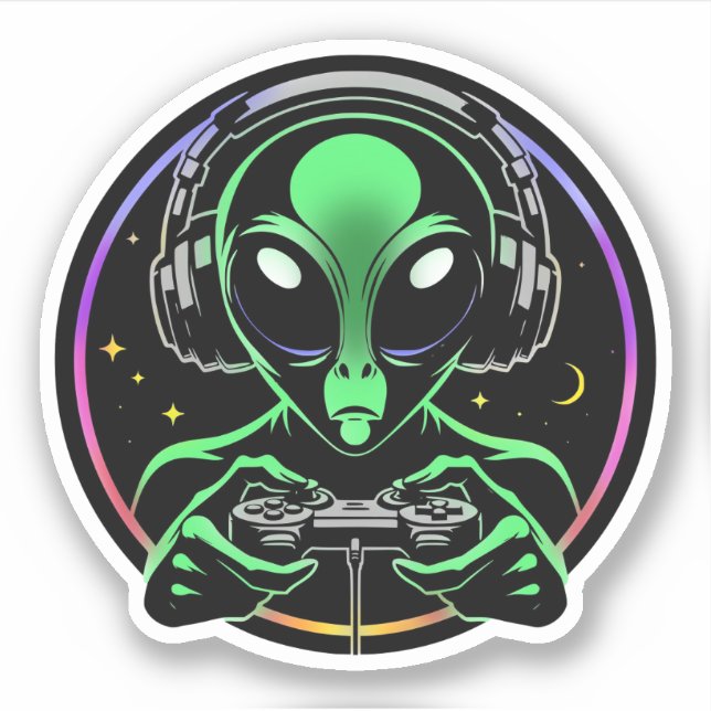 Sticker Alien Lecture de jeux vidéo avec Arrière - plan ét (Devant)