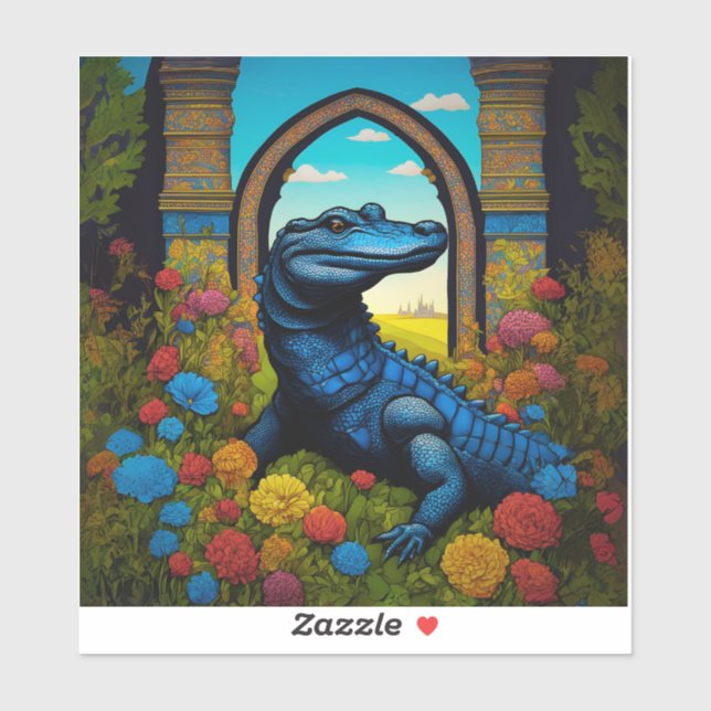 Sticker Alligator Bleu Avec Fleurs Art Fantastique (Feuille)