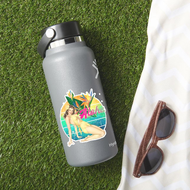 Sticker Aloha Tropical Pin-up fille retro coucher de solei (HydroFlask Insitu)