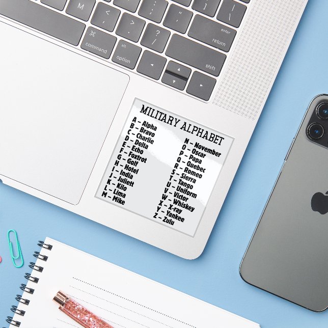 Sticker Alphabet militaire Code phonétique, Alpha Bravo... (Ordinateur portable avec iPhone)