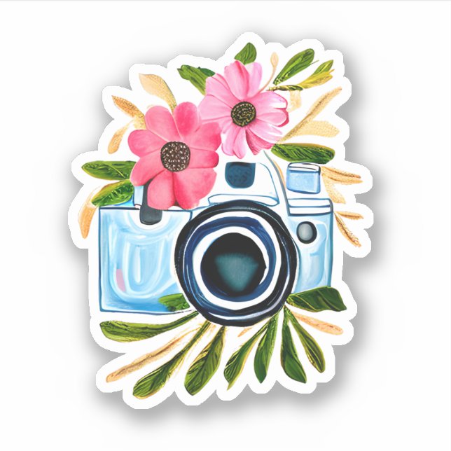 Sticker Amateurs de photographie Caméra Vintage et Fleurs (Devant)