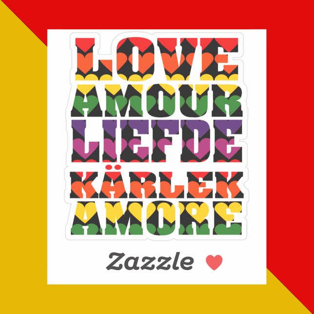 Sticker Amour dans plusieurs langues Coeurs Arc en ciel fo (A sticker that says love in different languages like French, Italian, Dutch, English & Swedish )