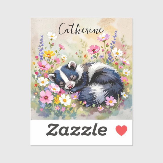 Sticker An Adorable Skunk Napping in Flowers Personalized (Feuille)