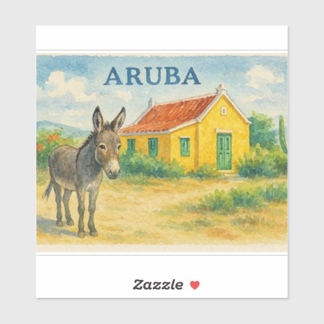 Sticker Âne d'Aruba et maison de Cunucu Aquarelle (Feuille)