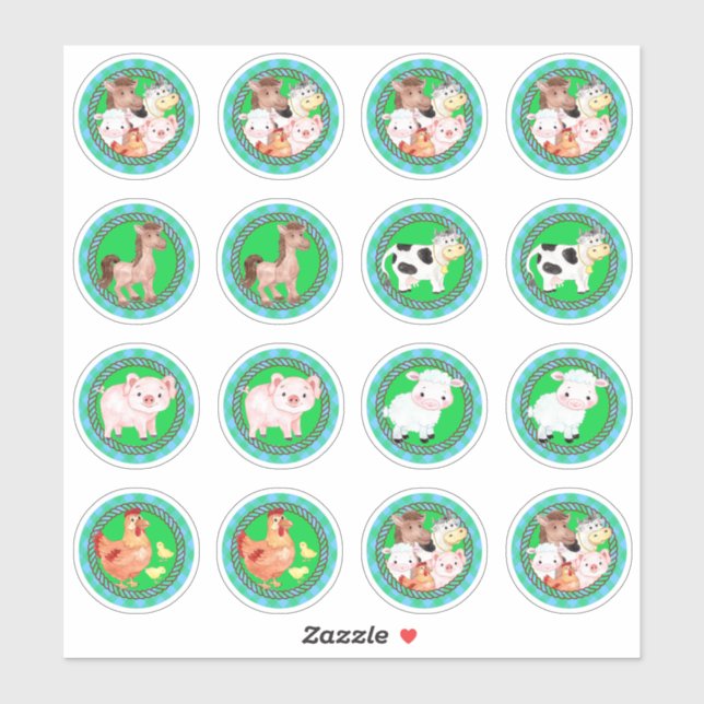 Sticker Animaux de ferme dressés en vichy bleu vert (Feuille)