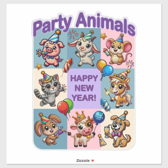 Sticker Animaux de fête "Bonne année" (Feuille)
