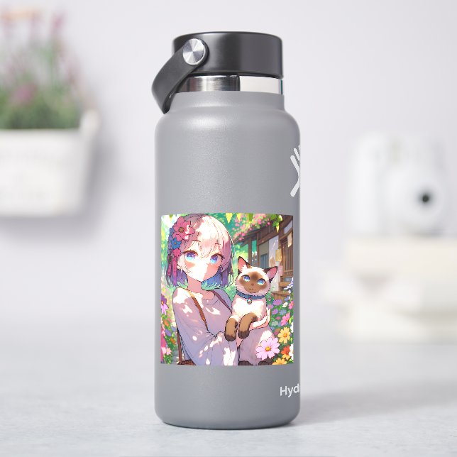 Sticker Anime Girl et chat siamois (HydroFlask)
