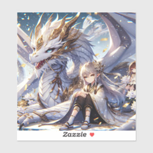 Sticker Anime Girl et Dragon blanc et or