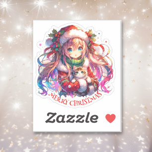Sticker Anime Girl in Santa Hat Aquarelle Noël