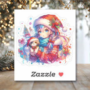 Sticker Anime Girl in Santa Hat Aquarelle Noël