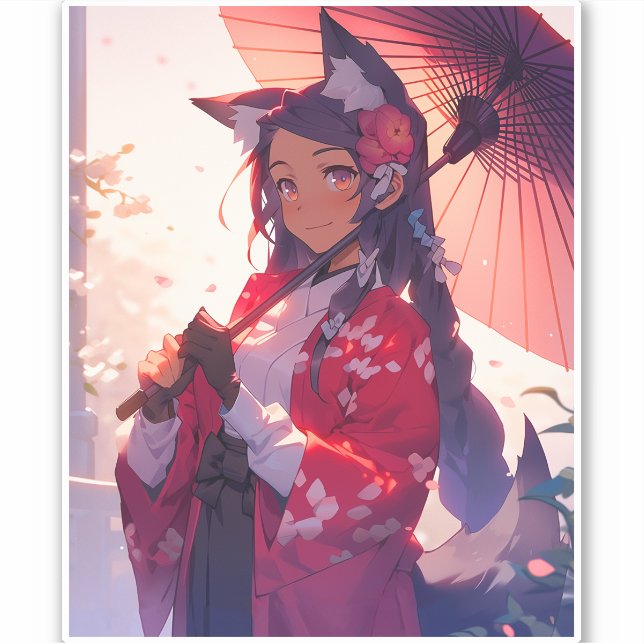 Sticker Anime Kitsune Girl Cute Fox Imaginaire Art (Devant)