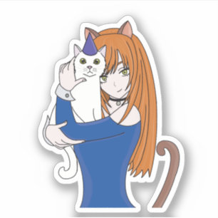 Sticker Anime Manga Girl and Cat
