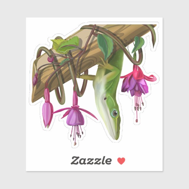 Sticker Anolis vert avec fuchsias  (Feuille)