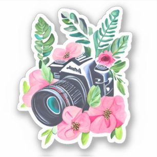 Sticker Appareil photo vintage, feuillage vert