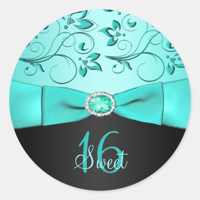 Sticker Aqua et Black Floral Sweet sixteen (Devant)