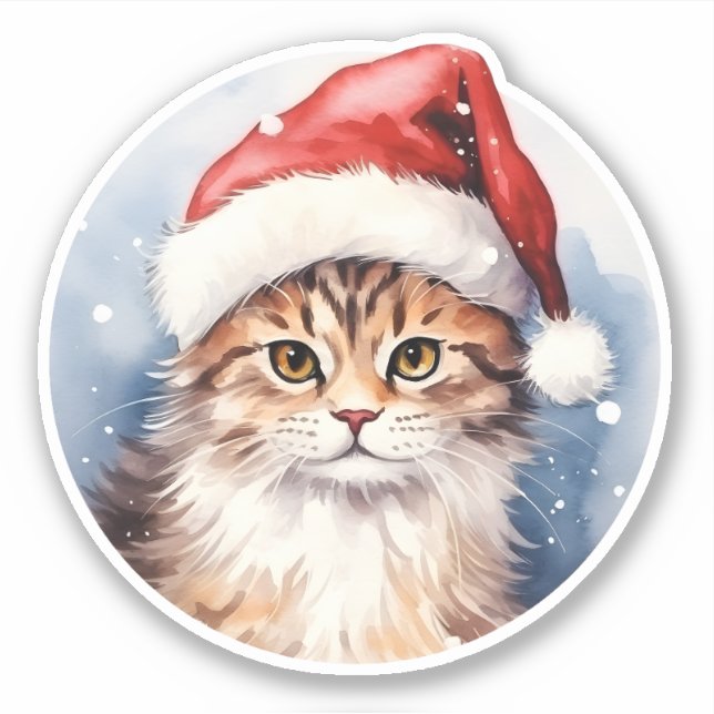 Sticker Aquarelle adorable Chat de Noël Beau Art (Devant)