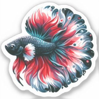 Sticker Aquarelle Betta Poisson Noir Blanc et Rouge