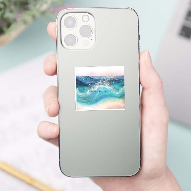 Sticker Aquarelle Bleu Blanc Océan Vague Personnalisée Nom (Téléphone)