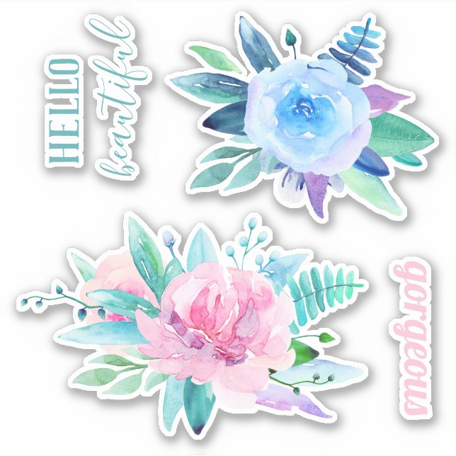 Sticker Aquarelle bleu et rose fleurs. Floral magnifique (Devant)
