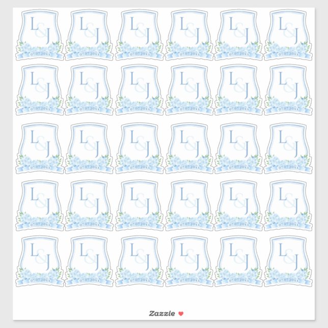 Sticker Aquarelle bleu Hydrangea Mariage Monogramme (Feuille)