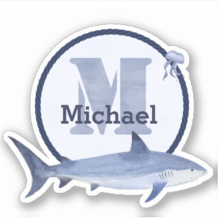 Sticker Aquarelle bleue Monogramme, nom, requin et méduse