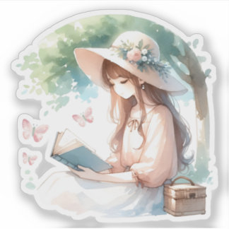 Sticker Aquarelle botanique fille Lecture livre Lover