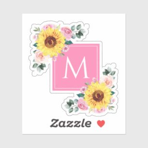Sticker Aquarelle botanique rose tournesol Monogramme