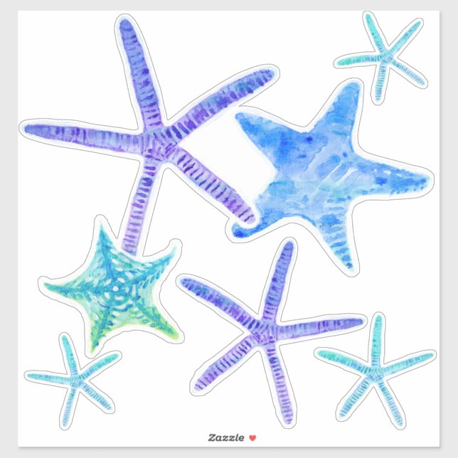 Sticker Aquarelle Côtière Océan Bleu Purple Starfish Art (Feuille)