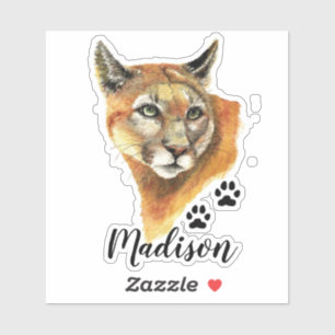 Sticker Aquarelle Cougar, Puma Nom personnalisé de l'anima