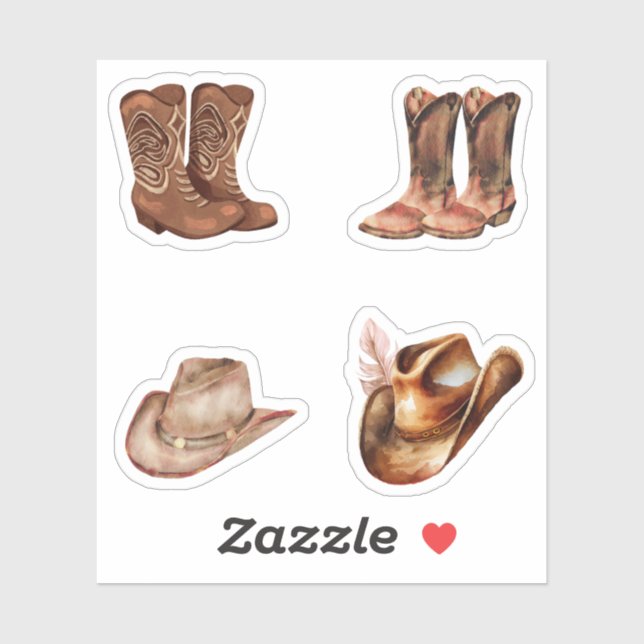 Sticker Aquarelle cowboy casquettes et bottes Brown Scrapb (Feuille)
