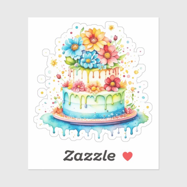 Sticker Aquarelle de gâteau d'anniversaire rouge et bleu (Feuille)