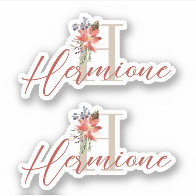 Sticker Aquarelle de vacances Poinsettia Monogramme et nom (Devant)