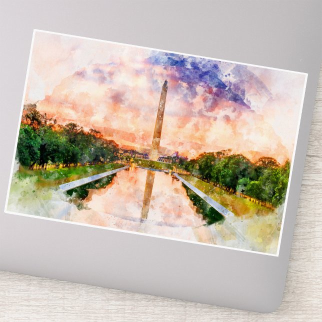 Sticker Aquarelle du Washington Monument au coucher du sol (Washington Monument Watercolor Sunset Reflection. Sticker)
