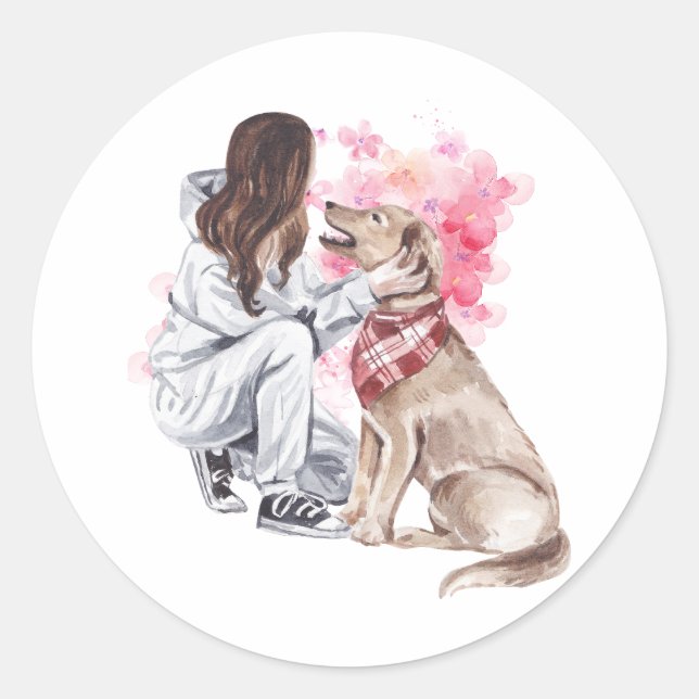Sticker Aquarelle Fille Et Chien (Devant)