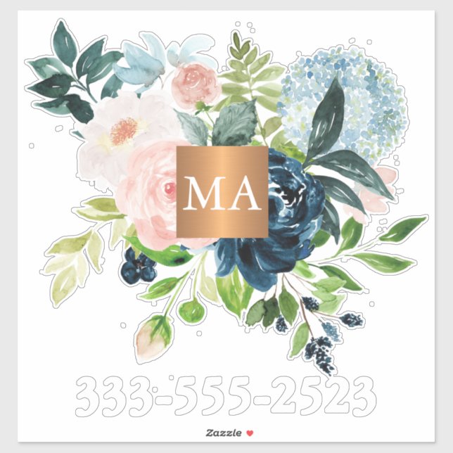 Sticker Aquarelle florale cuivre métallique monogrammé (Feuille)