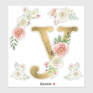 Sticker Aquarelle florale initiale Y Gold Blush Peony Rose