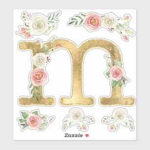 Sticker Aquarelle florale monogramme M Blush Rose blanche