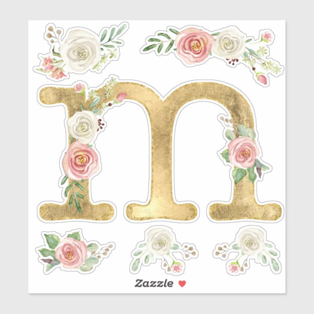 Sticker Aquarelle florale monogramme M Blush Rose blanche (Feuille)