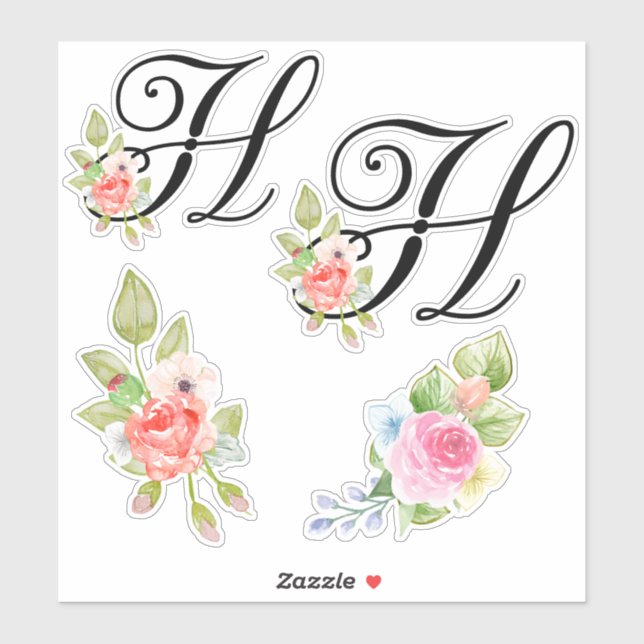 Sticker Aquarelle Florale Script Monogramme Lettre H (Feuille)