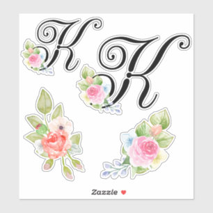 Sticker Aquarelle Florale Script Monogramme Lettre K